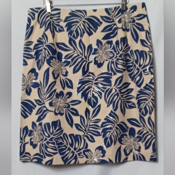Talbots Stretch Floral Skirt Tan and Blue With Sequins. Size 16 - Picture 6 of 14